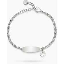 Tesbihane Çocuk Çelik Bileklik - Isme Özel Yazılı - Gümüş Renk - Yonca Yaprağı Detaylı - Espanzer Zincirli