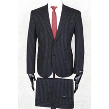 Jan Carlucci Regular Fit Mono Yaka Iki Düğme-Çift Yırtmaç  Siyah Çizgili Drop 4 Takım Elbise