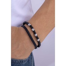 Gümüş Pazarım Oniks Hematit Taşlı Örgü Deri Erkek Deri Bileklik