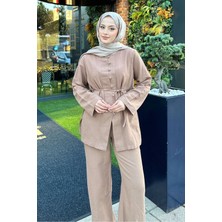 Miraydin Butik Kadın Düğme ve Kuşak Detaylı Keten Takım M15809 - Vizon