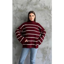 Ekince Çizgili Ispanyol Kol Triko Boğazlı Kazak Bordo Elf