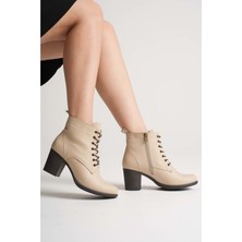 Analin Shoes Kadın Hakiki Deri Bağcıklı Topuklu Bot - Bej