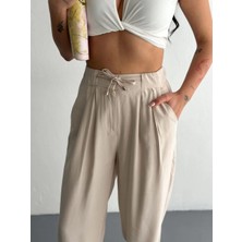 Rawea Fashion Kadın Yüksel Bel Beli Bağcıklı Rahat Boru Paça Pantalon - Kırık Beyaz