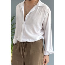 Alışveriş Sokağı %100 Pamuk Dokulu Keten Oversize Uzun Kol Beyaz Gömlek