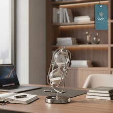 YNSK Gümüş Renk Metal Döner Silindir Detay Kum Saati – 15 Dakikalık Modern Dekoratif Zaman Ölçer (25X13 Cm)