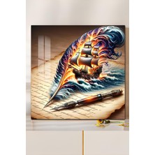 KutuTR 3D Görünümlü Temperli Cam Tablo – Yelkenli Gemi ve Tüy Kalem Temalı Uv Baskı 33X33 CM-CTK126