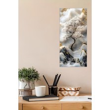 KutuTR 3D Görünümlü Temperli Cam Tablo – Beyaz Çiçekli Ağaç ve Mermer Dokulu Uv Baskı 30X60 cm - DCT109