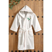 Mulberry Bayaz Kapüşonlu Pamuklu Çocuk Bornozu - Palmiye Nakışlı