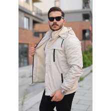 Emay-D Erkek Içi Kürklü Kapüşonu Çıkarılabilir Su ve Rüzgar Geçirmez Kalın Mont