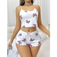 The Secret Desire Kadın Beyaz Pembe Fiyonk Desenli Şortlu Askılı Pijama Takımı – Rahat ve Şık Ev Giyim 3777 S-M