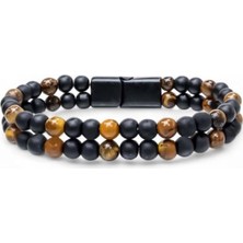 Hg.Aksesuar Erkek Çift Oniks ve Kaplangözü Çelik Bileklik