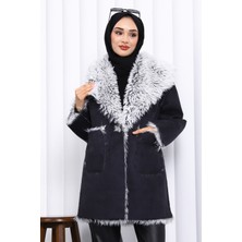 İmaj Butik Siyah Kruvaze Yaka İçi Kürklü Süet Mont
