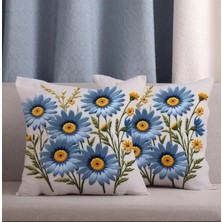 Alkan Homes 2 Li Kombin Nakış Görünümlü Mavi Çiçek Desen Dijital Baskılı Kırlent Kılıfı