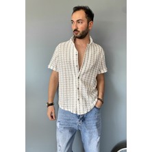 Alışveriş Sokağı Örgü Çizgili Kısa Kollu Jakarlı Yeşil Krem Gömlek