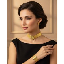 Xesha Trabzon Hasırı Gerdanlık Seti Kolye Bileklik ve Küpe Üçlü Takım Altın Görünümlü Zarif Model Kuyumcu Işçiliğinde Birebir Aynı