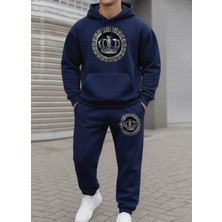 Amor Man Büyük Beden Özel Tasarım Kapüşonlu Kralın Tacı Baskılı %100 Pamuk Kışlık Erkek Eşofman Takımı