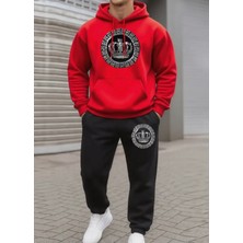 Amor Man Büyük Beden Özel Tasarım Kapüşonlu Kralın Tacı Baskılı %100 Pamuk Kışlık Erkek Eşofman Takımı