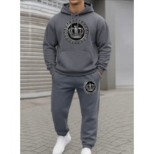 Amor Man Büyük Beden Özel Tasarım Kapüşonlu Kralın Tacı Baskılı %100 Pamuk Kışlık Erkek Eşofman Takımı