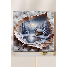 KutuTR 3D Görünümlü Temperli Cam Tablo – Kış Manzaralı Yaprak Içinde Ahşap Ev Uv Baskı 33X33 CM-CTK131
