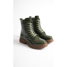 Analin Shoes Kadın Hakiki Deri Bağcıklı Fermuarlı Rahat Postal Bot - Yeşil Rugan