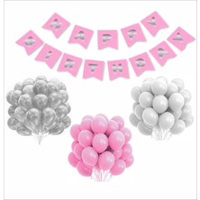Zenviva Pembe Gümüş Beyaz Balon-Banner Seti