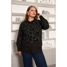 Imagine Giyim Gömlek Garnili Siyah Büyük Beden Kadın Örme Bluz