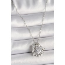 Skygo 316L Çelik Gümüş Renk Zincir Zirkon Taşlı Kalp Figür Gül Detay Kadın Kolye - TJ-BKO9809