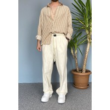 Alışveriş Sokağı Rahat Kesim Keten Kumaş Bağcıklı Krem Renk Baggy Pantolon