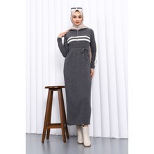 İmaj Butik Füme Yaka Fermuarlı Fitilli Çizgili Triko Elbise