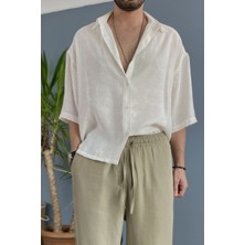 Alışveriş Sokağı Nakışlı Oversize Asimetrik Kısa Kol Gömlek Haki