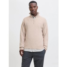 Jack & Jones Erkek Yarım Fermuarlı Dik Yaka Bej Örme Kazak - 12278937