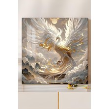 KutuTR 3D Görünümlü Temperli Cam Tablo – Altın Beyaz Anka Kuşu Temalı Uv Baskı 33X33 CM-CTK110