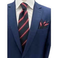 Brianze 7.5 cm Lacivert Kırmızı Beyaz Çizgili Kravat Mendil Set