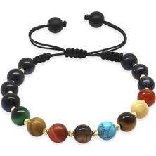 Tesbihane Makrome Örgülü Küre Kesim Dorika Top Süslemeli Çoklu Doğaltaş Yıldız Gezegen Kadın Şans Bilekliği