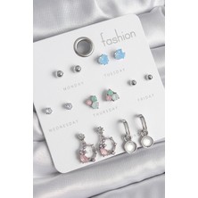 Skygo Pirinç Gümüş Renk Zirkon Taşlı Sallantı Halka Model Çiçek Detay 7 Çift Kadın Küpe Seti - TJ-BKP10545