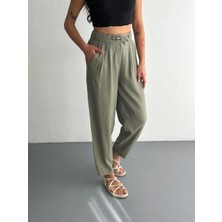 Rawea Fashion Kadın Yüksel Bel Beli Bağcıklı Cepli Rahat Paça Pantalon - Su Yeşili