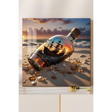 KutuTR 3D Görünümlü Temperli Cam Tablo – Şişe Içindeki Gemi ve Gün Batımı Temalı Uv Baskı 33X33 CM-CTK111