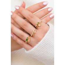 Trend Collection Renkli Taşlı Altın Renk Kadın Yüzük Seti (3’lü) – Inci & Taş Detaylı
