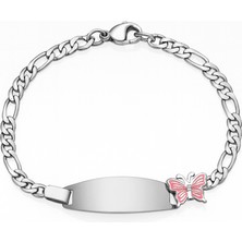 Tesbihane Çocuk Çelik Bileklik - Isme Özel Yazılı - Gümüş Renk - Pembe Kelebek Figürlü - Figaro Zincirli