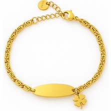Tesbihane Çocuk Çelik Bileklik - Isme Özel Yazılı - Altın Renk - Yonca Yaprağı Detaylı - Espanzer Zincirli