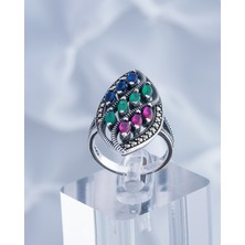 Yıldırım Renkli Doğal Taşlı Özel Tasarım 925 Ayar Gümüş Kadın Yüzük – Canlı ve Zarif Görünüm