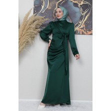 Giza Store Saten Yan Kuşaklı Elbise Zümrüt