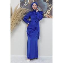 Giza Store Saten Yan Kuşaklı Elbise Gece Mavi