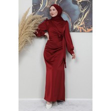 Giza Store Saten Yan Kuşaklı Elbise Bordo