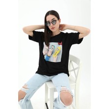 Isawella Bisiklet Yaka Terlik Baskılı T-Shirt - Siyah