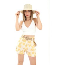 Isawella Hasır Kemer Baskılı Keten Şort - Sarı