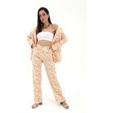 Isawella Zebra Desen Yüksek Bel Keten Pantolon - Turuncu