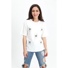 Isawella T-Shirt Bisiklet Yaka Göz Baskılı - Ekru