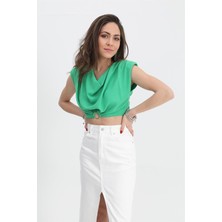 Isawella Bluz Omuzları Vatkalı Beli Lastikli Halka Detaylı - Yeşil