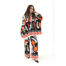 Isawella Yanı Yırtmaçlı Lale Desen Jessica Kumaş Takım - Siyah